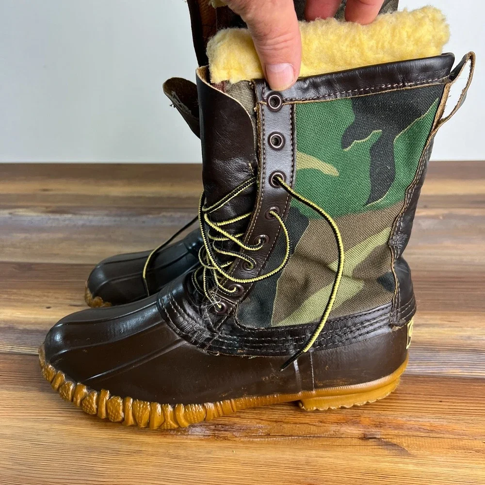 Vintage Chippewa USA Camo Duck Boots Mens 7M Shearling Lined Made USA 87862